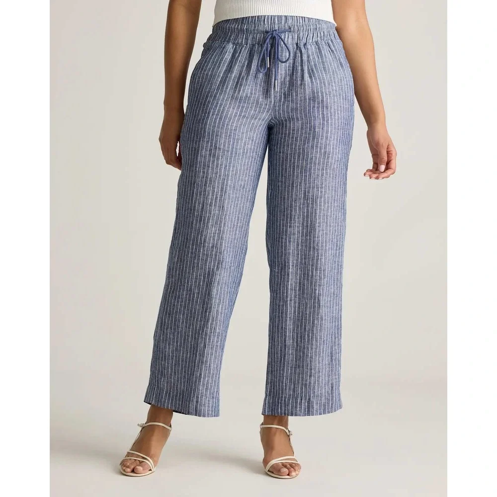 Quince European Linen Wide Leg Pants Chambray Stripe Blue White Small NWT